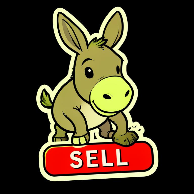 Cartoon donkey refusing to press a red sell button