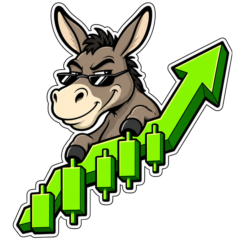 STONKEY mascot: a sunglasses-wearing donkey riding a rising green candlestick chart